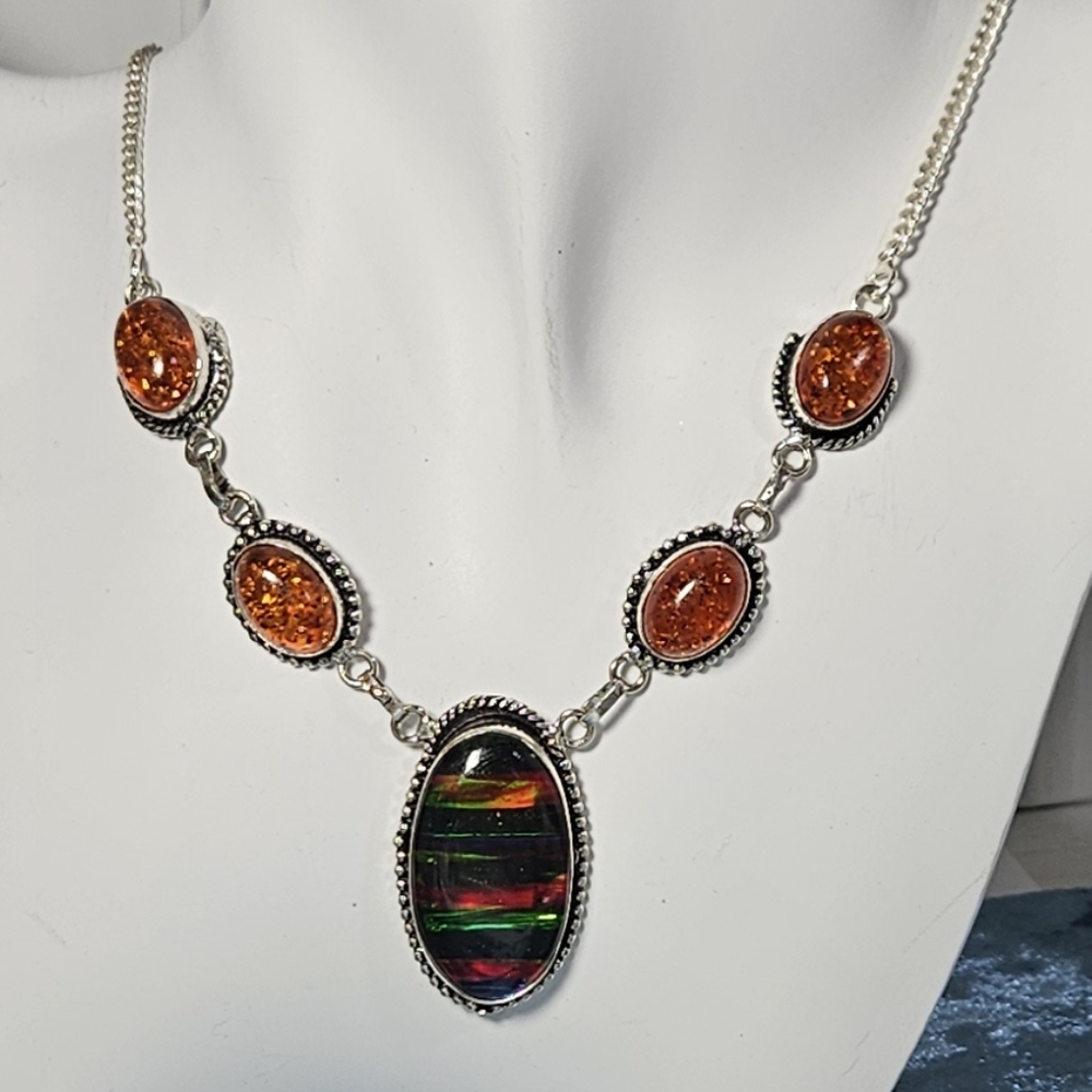 925 Silver Amber And Rainbow Calcite Necklace